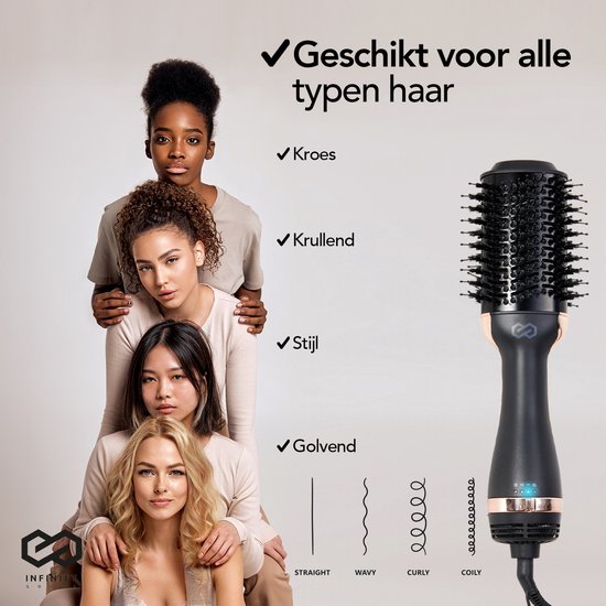 Infinity Goods 4-in-1 Haartrockner-Bürste - Keramik-Magie-Bürste - Trocknen/Stylen/Locken/Volumen - kurzes und langes Haar - 1200W - Schwarz/Gold