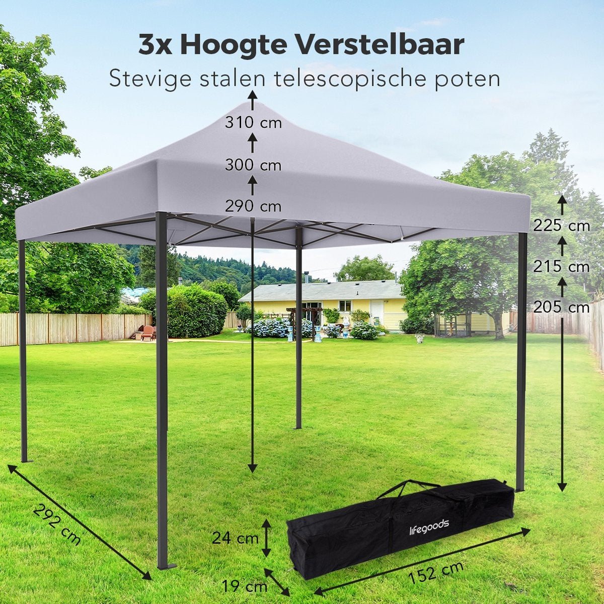 LifeGoods Partyzelt - Pavillon - 3x3 m - Einfacher Aufbau - Zusammenklappbar - Wasserdicht - Tragetasche mit Rädern - Dunkelgrau