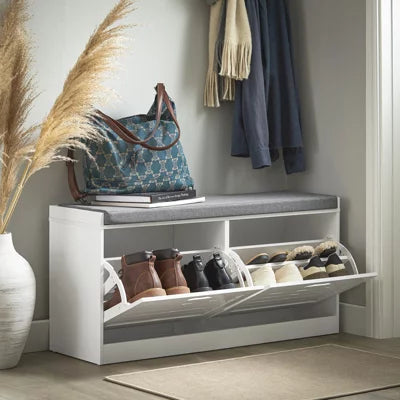 SoBuy Schuhschrank mit Sitzkissen – 2 Klappen – 94 x 30 x 47 cm – Weiß