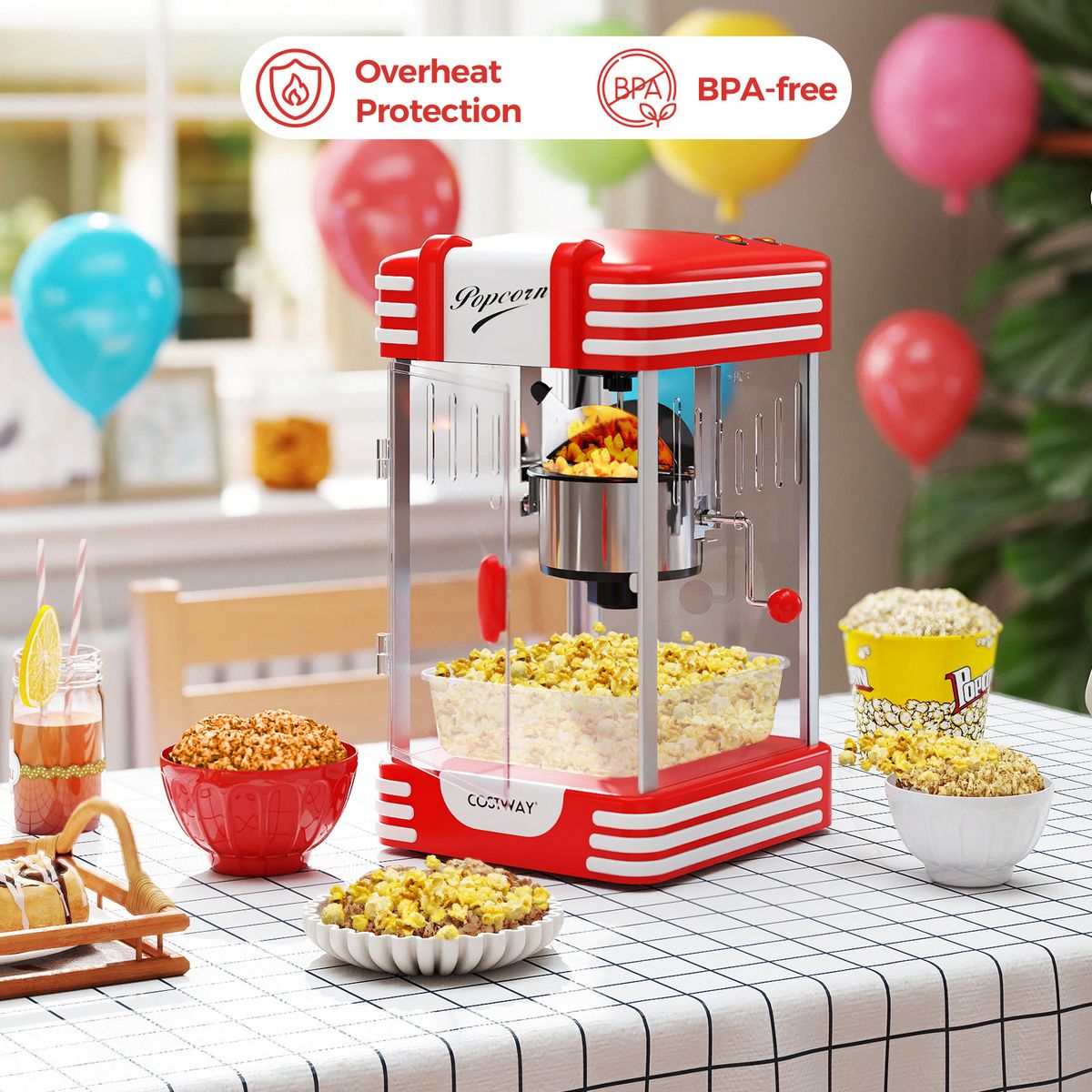 Coast Popcornmaschine – Retro-Kino-Stil – Warmhalte-Lampe – manuelle Bedienung – rot/weiß
