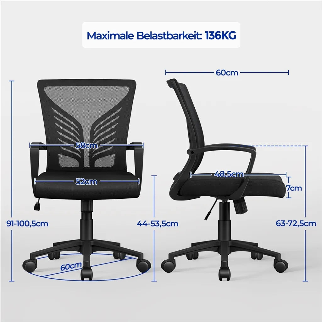 Yaheetech Bürostuhl - Ergonomisch - Mit Wippfunktion - Verstellbar - Drehbar - Schwarz