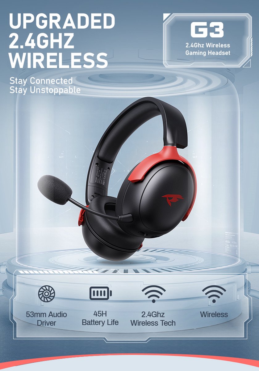 Kofire Picun G3 Wireless Gaming Headset - Over-Ear Kopfhörer mit Mikrofon - 53mm Treiber - 50 Stunden Akkulaufzeit - PC/PS4/PS5/Nintendo Switch/Xbox - Schwarz/Rot - 238g