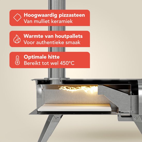 KitchenBrothers Pizzaofen - Holzbefeuert - Tischplatte - klappbar - Pizzastein - bis zu 460°C - Edelstahl - Komplettset - Pizzaofen für draußen - Edelstahl