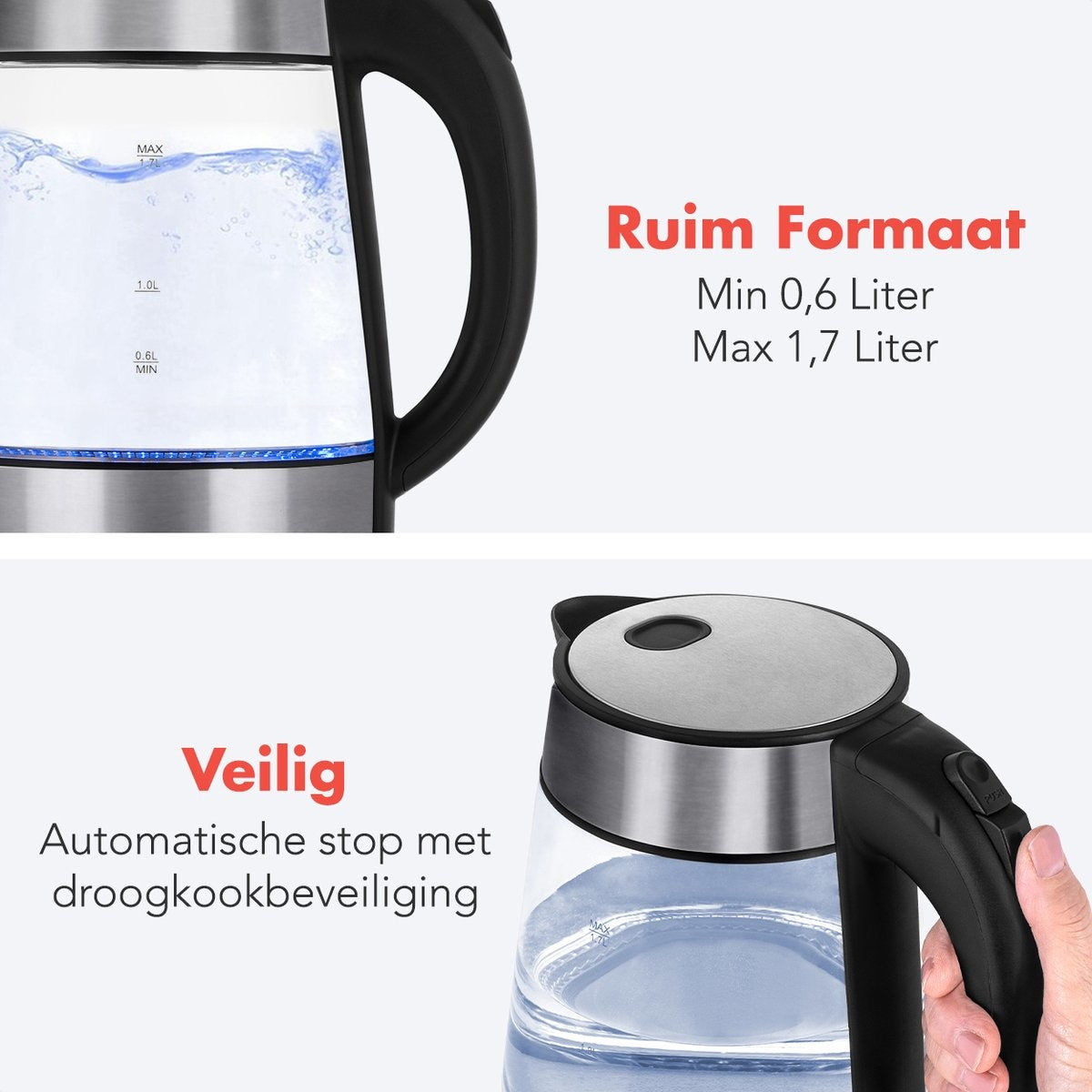 KitchenBrothers - Elektrischer Wasserkocher - Retro - 1,7L - mit Filter - 2200W - Glas - rostfreier Stahl