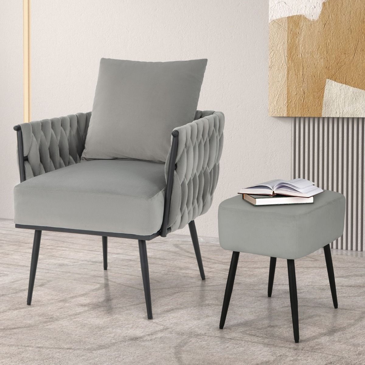 coast Modern Dutch Velvet Side Chair and Footstool Set - Grau - 66x65x80 cm | 46x35x45,5 cm