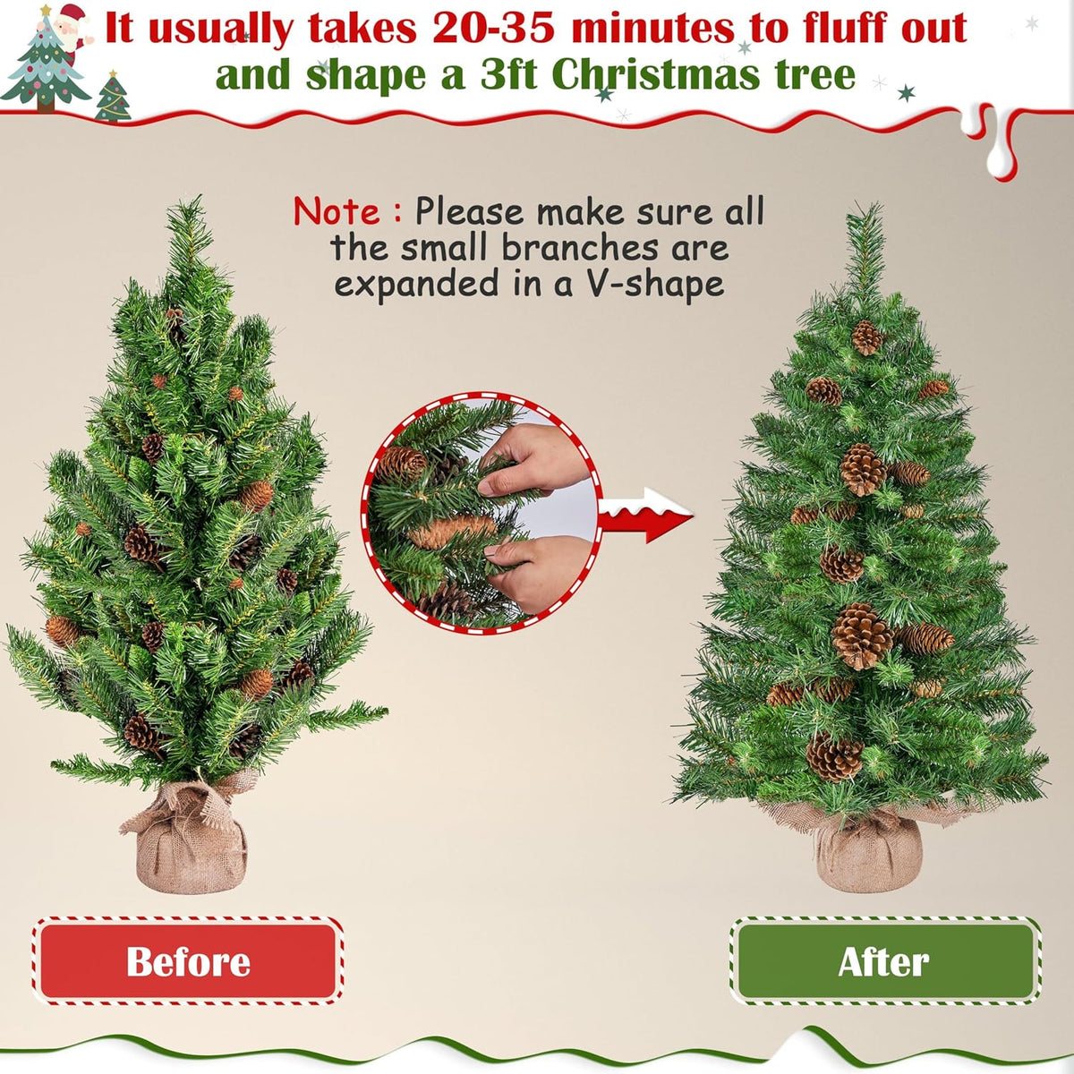 Yaheetech Kunstweihnachtsbaum – 2er-Set – 91,5 cm – 50 warmweiße LEDs – Tannenzapfen – Grün