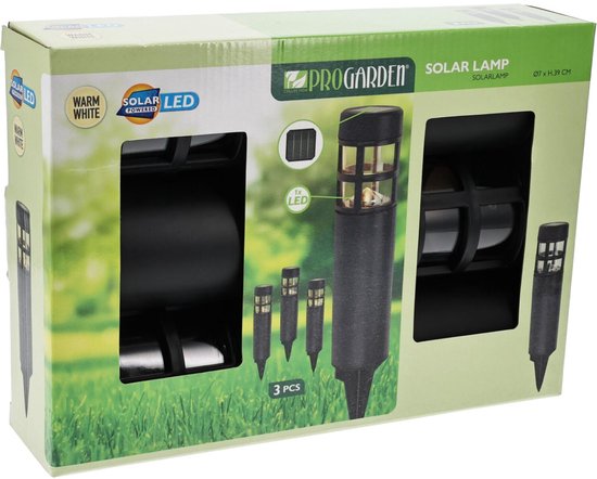 Pro Garden Solar-Gartenlampen / Steckstrahler – 3 Stück – warmweißes Licht – 7 x 28 cm – Gartenbeleuchtung – Gartenlampen – schwarz – Kunststoff