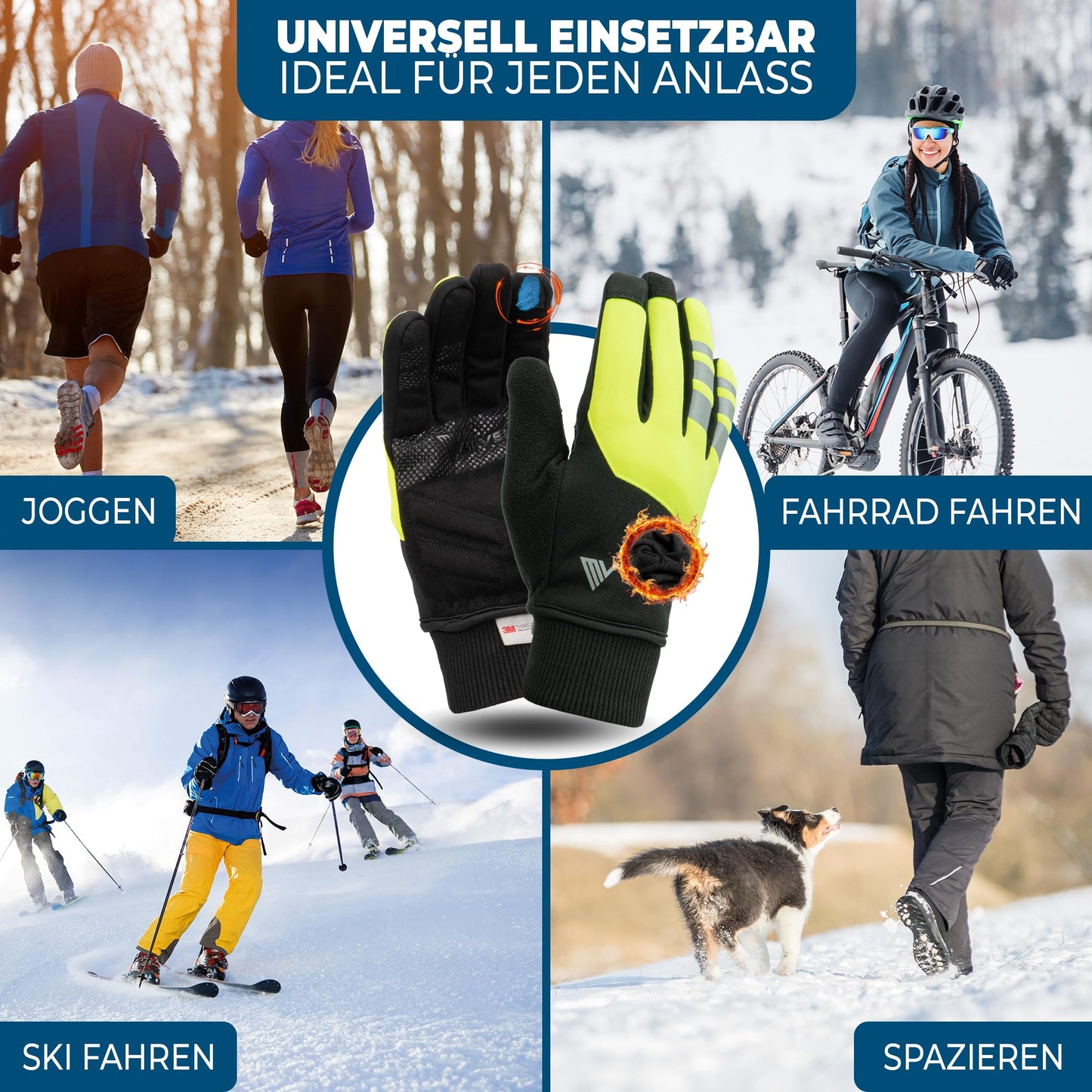 MIVELO Herren-Fahrradhandschuhe für den Winter – Thermo-Fleece – wasserdicht und winddicht – touchscreenfähig – gelb – XXL
