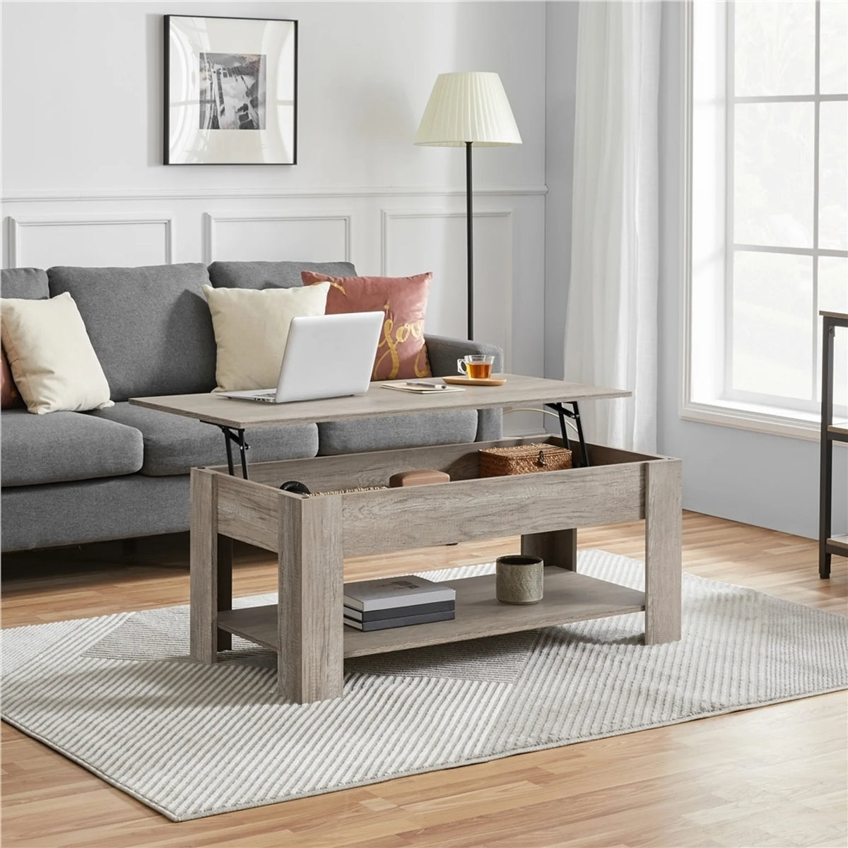 Yaheetech Couchtisch mit Lift-Top-Funktion - Mit versteckter Ablage und verstellbarem unteren Regal und Federmechanismus - Für Wohnzimmer und Arbeitszimmer - Grau Mdf und Metall - 120 x 59 x 49,5-63,5 cm