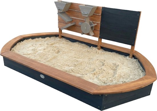 AXI Joey Sandkasten 158 x 91 x 57 cm Braun/Anthrazit – Mit Spielwand und Kreidetafel – Ovaler Sandkasten – Mit Abdeckplane und Bodenplane – 100 % FSC-zertifiziertes Hemlock-Holz