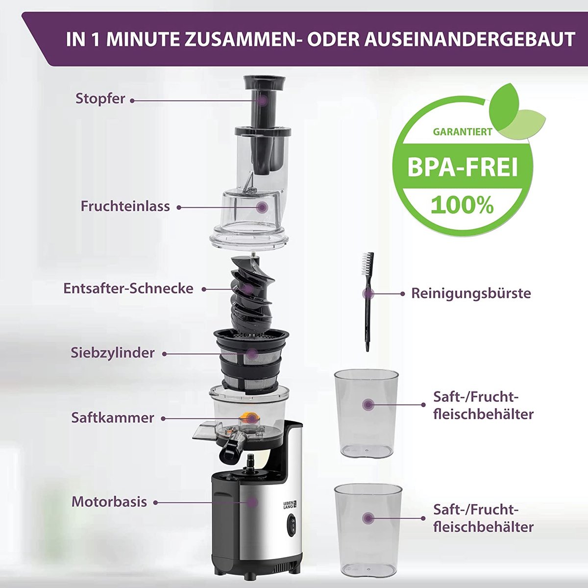 LEBENLANG Slow Juicer 45x35x25 cm - Grau - BPA-freie Kaltpresse für Obst & Gemüse, Keramik-Entsafter, elektrischer Entsafter für Sellerie, Karotten & Smoothies