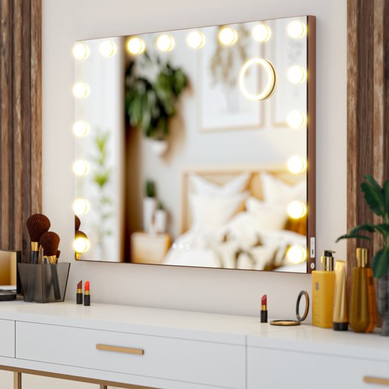 Mirlux Hollywood Mirror 80x60CM - 2 Bluetooth-Lautsprecher - USB & USB-C Ladeanschlüsse - LED-Beleuchtung - Schminkspiegel - 10x Zoom - Aufhängbar - Rose Gold