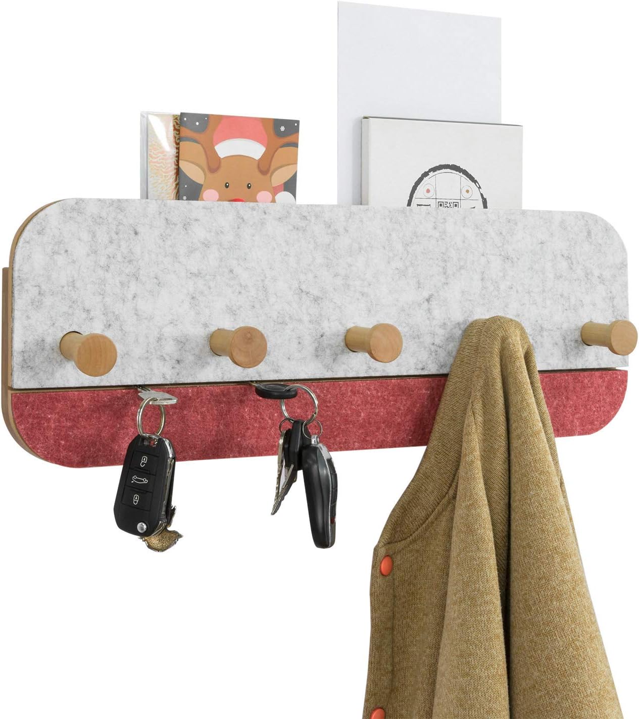 SoBuy FHK16-R Wandgarderobe – 5 Haken – Bambus & Filz – 55 x 3 x 19 cm – Rot