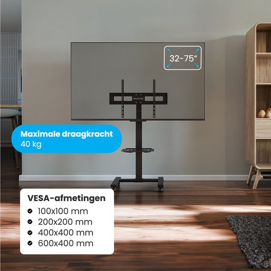 Auronic TV-Ständer, fahrbar, für Fernseher von 32 bis 75 Zoll – TV-Ständer auf Rädern – universell einsetzbar – höhenverstellbar – drehbar – neigbar – für 55", 65" und mehr – schwarz