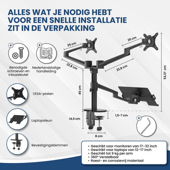 TTD - Monitorarm für 2 Monitore und 1 Laptop - Vollständig drehbar - Höhenverstellbar - Aluminium - Schwarz