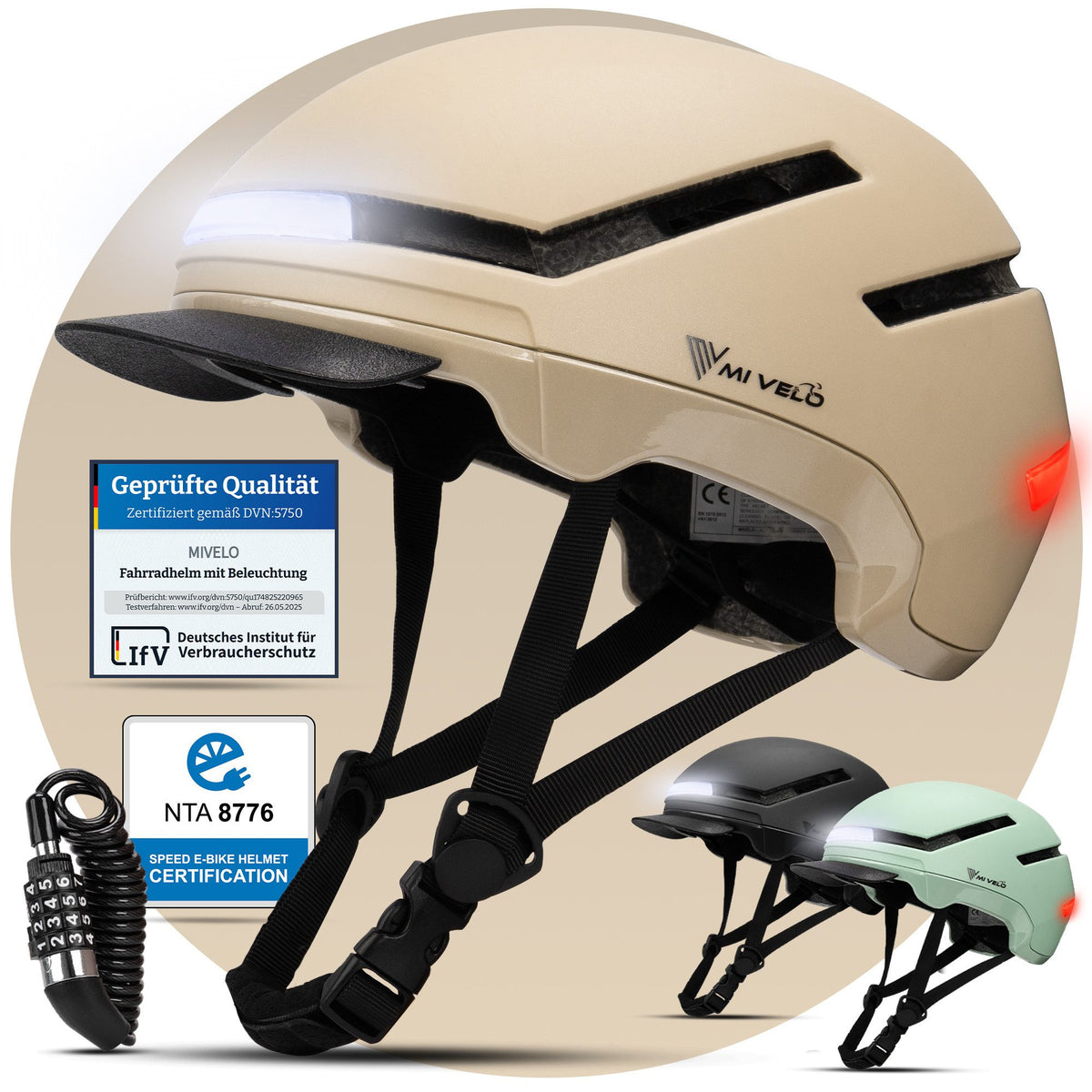 Mivelo Nova Fahrradhelm mit Vorder- und Rücklicht – Größe L 57,5–61 cm – Beige