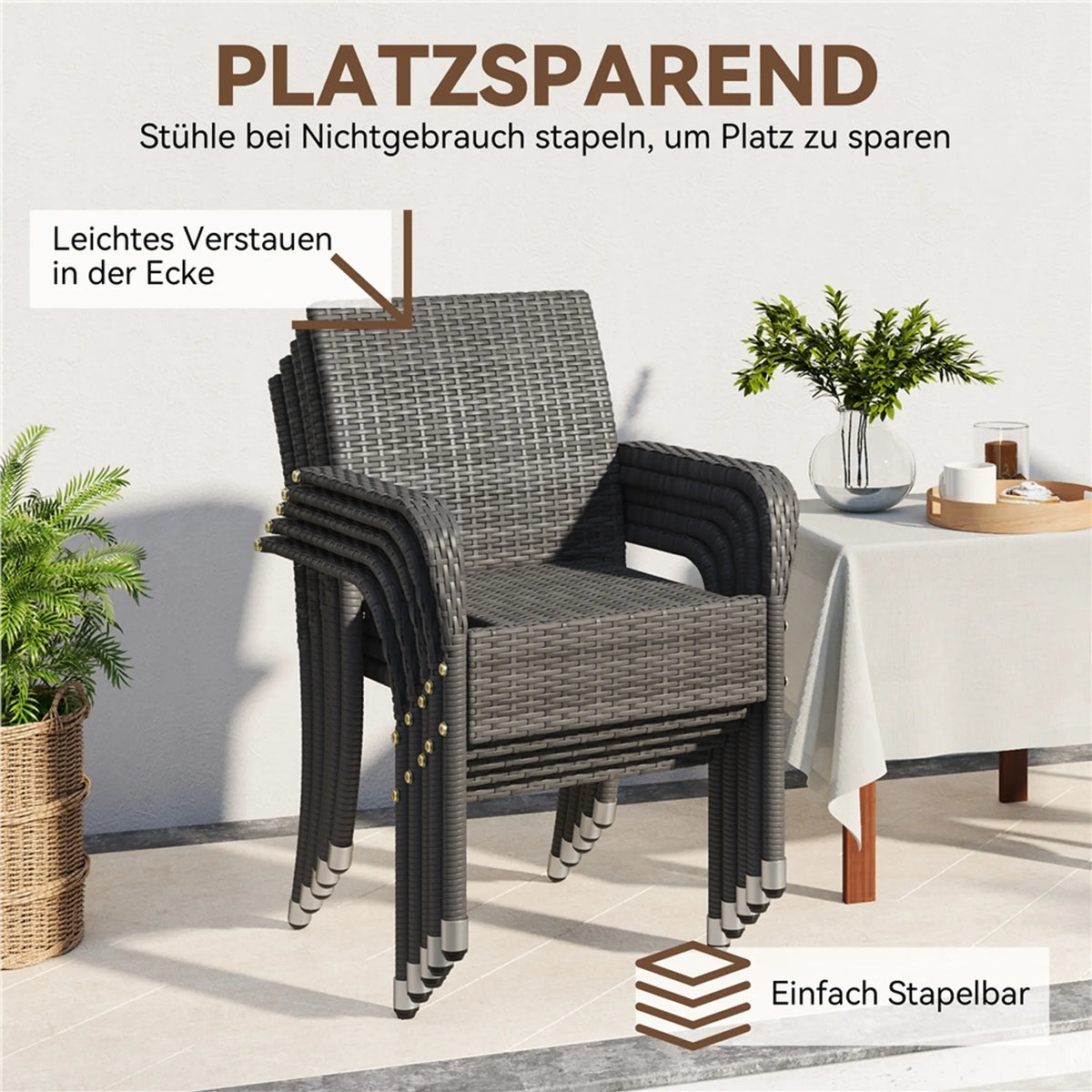 Yaheetech 2er-Set stapelbare Gartenstühle aus PE-Rattan, 58 x 58 x 84 cm – stilvolles Grau – Rattan und Metall