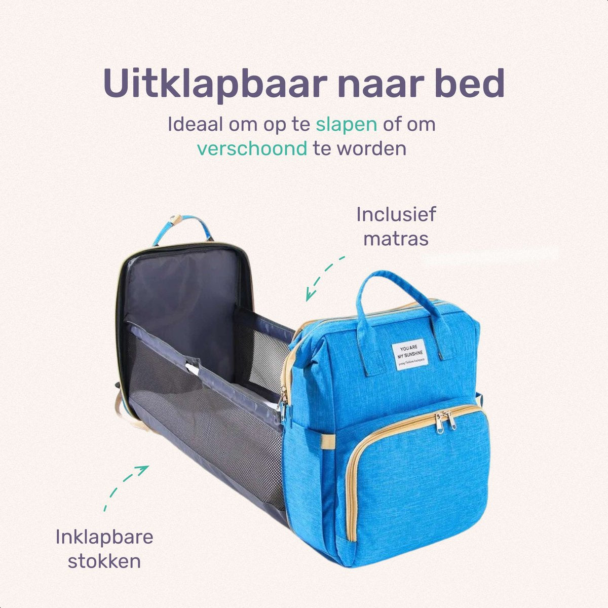 Qwali Wickeltasche, ausziehbar zum Bettchen – 7 Flaschenhalter – Blau-Grau