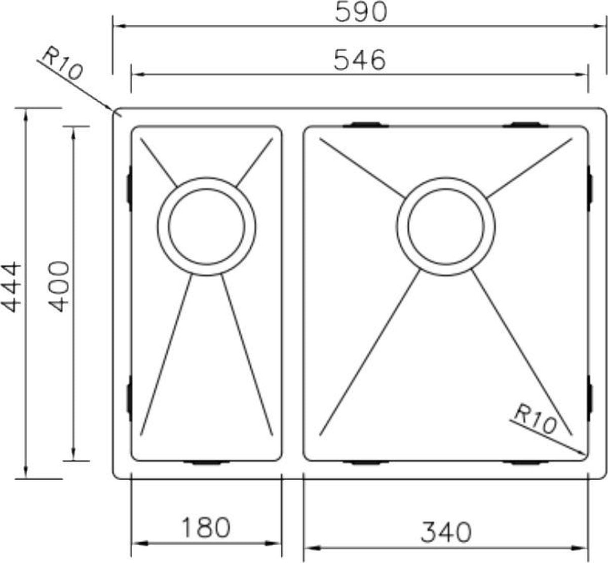Mizzo Linea Doppelspüle R 18-34X40CM - 1,5 Spüle - Küchenspüle - Unterbau / Flush-mount / Einbau - Edelstahl