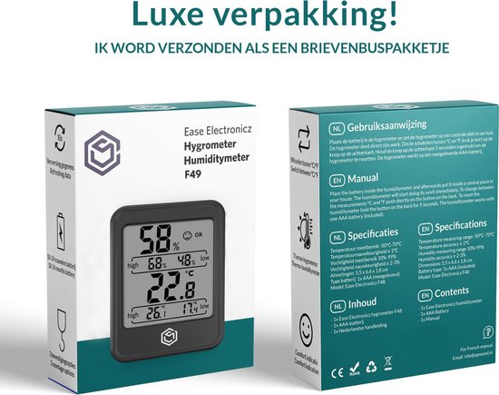 Ease Electronicz Hygrometer Min/Max - Luftfeuchtigkeitsmesser - Digitale Wetterstation - Luftfeuchtigkeitsmesser - Thermometer für Innenräume - Mit Beleuchtung