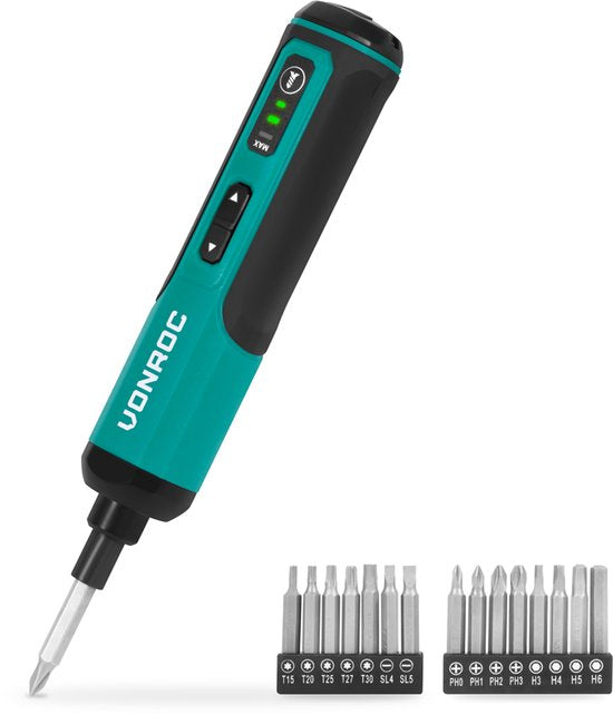VONROC Elektroschrauber 4V - Inkl. 15-teiligem Bit-Set und USB-C Kabel