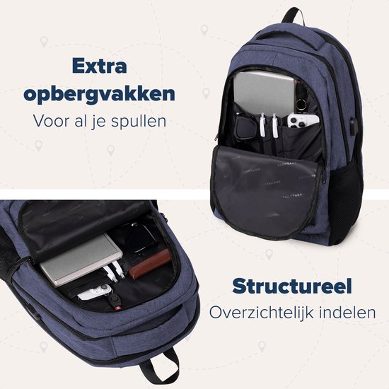 TRVLMORE Rucksack - 36L - 17 Zoll - Laptop-Rucksack - Schultasche - Männer und Frauen - Laptoptasche - Spritzwassergeschützt Blau