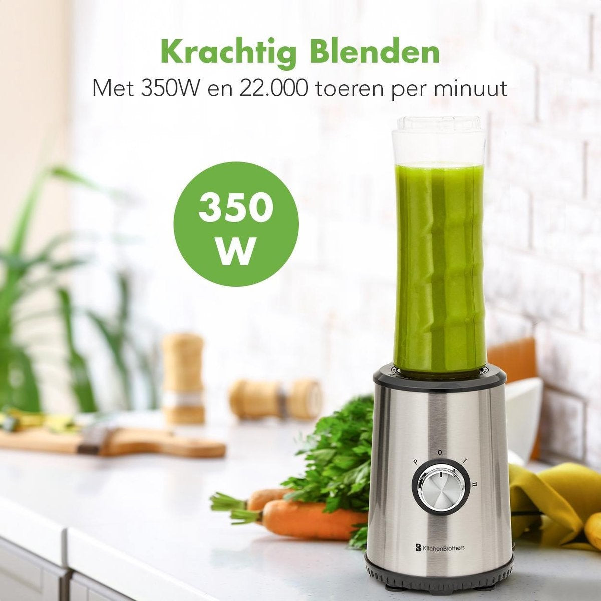 KitchenBrothers Mini Mixer - Smoothie Maker - 2 To-Go Becher - 350W - Edelstahl