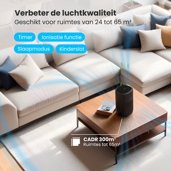 Auronic Luftreiniger Fresh Pro - Mit HEPA 13 Filter - 300 m³/h - 65 m² - Kohlefilter - 3 Stufen - Luftreiniger - Schwarz