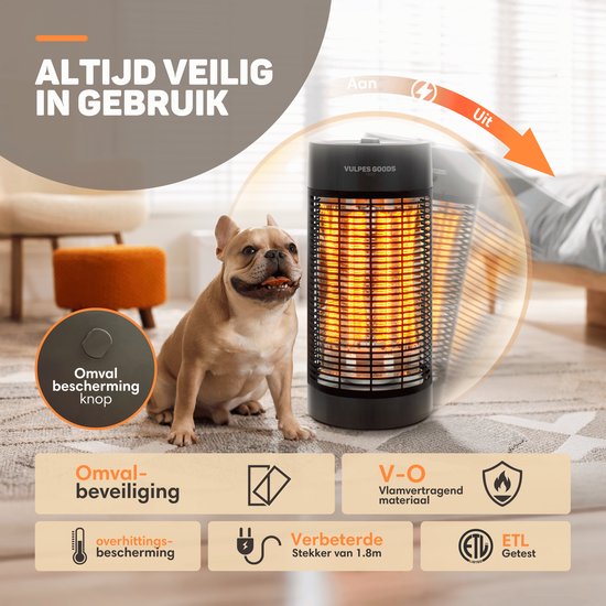 Vulpes Goods® Tech - Infrarotheizung - Elektroofen - Infrarotheizung - Heizung - Zusatzheizung für drinnen und draußen - 1200W - 120°/360° Rotation - 2 Wärmestufen - Kompakt & Tragbar - Geräuschlos - IPX4 Wasserdicht - Schwarz