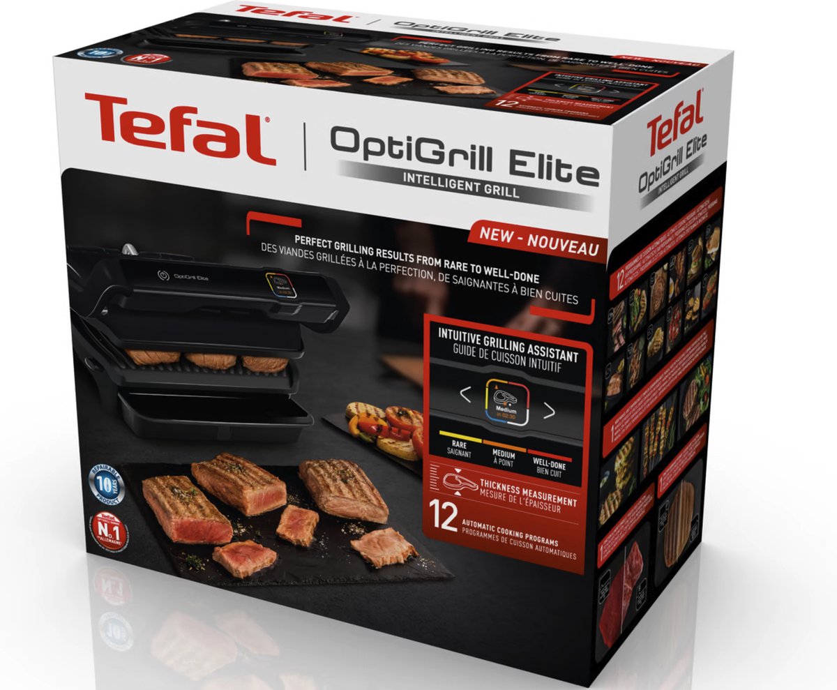 Tefal OptiGrill Elite GC7508 - Intelligenter Kontaktgrill 30x20 cm - 12 automatische Programme für Fleisch, Fisch, Gemüse - Digitaler Grillassistent - Schwarz - 2000W