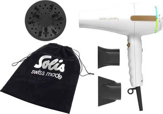 Solis Swiss Luxury Haartrockner – 2100 W – 11 Stufen – Ionenfunktion – Inkl. Stylingdüsen & Diffusor – Weiß