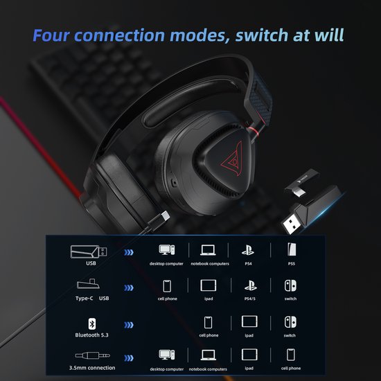 TAIDU THS318 2,4-GHz-Gaming-Headset – Over-Ear-Kopfhörer – mit Mikrofon – Geeignet für PC/PS4/PS5, Nintendo Switch – Schwarz