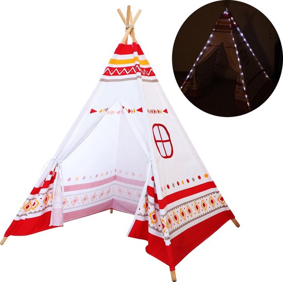 Sunny LED-Tipi-Zelt Rot/Weiß – 60 LED-Lämpchen – FSC-zertifizierte Holzstangen – 120 x 120 x 160 cm