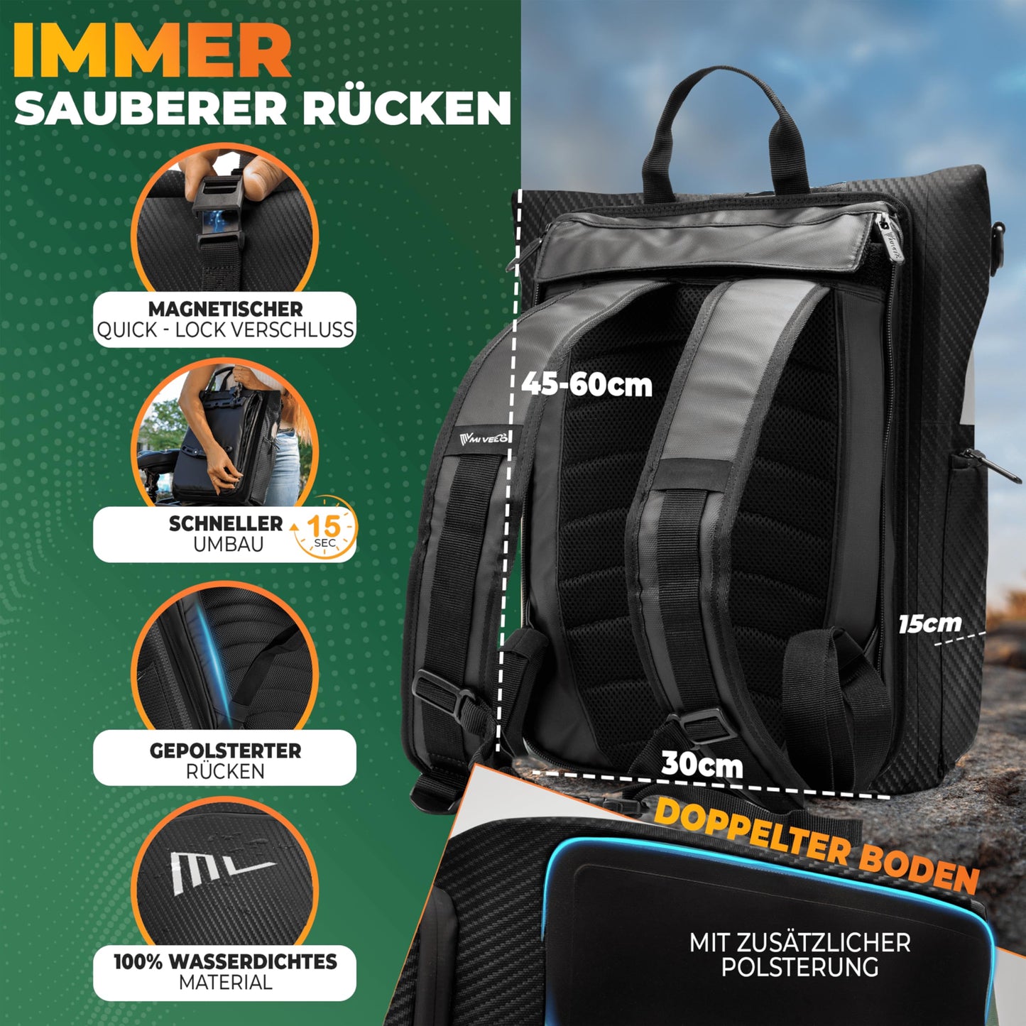 MIVELO - EVO - 25L - 3-in-1-Fahrradtasche für den Gepäckträger – 100 % wasserdicht – Schwarz Carbon