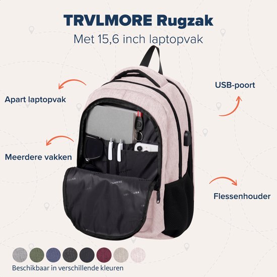 TRVLMORE Rucksack mit Lifetime - Rucksack mit 15.6 Zoll Laptopfach - Schultasche - Spritzwassergeschützt - Männer und Frauen - Jungen und Mädchen - 28L - Pink