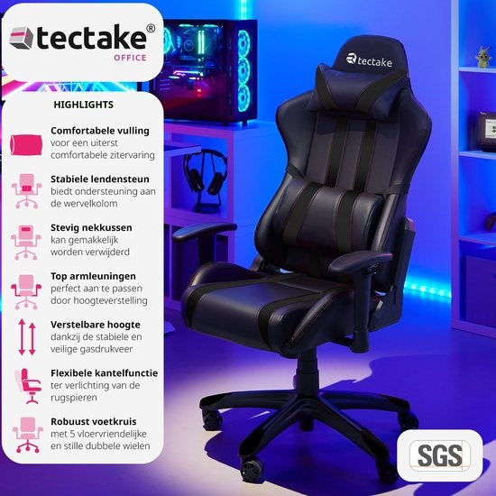tectake - Gaming Stuhl Gaming Schreibtischstuhl Premium Racing - schwarz - Kunstleder - verstellbar - inklusive Rücken- und Nackenkissen - 402229