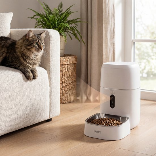 Princess Automatischer Fressnapf – HD-Kamera & Smart – 6 Liter – Katze & Hund – App-Steuerung – Geplante Fütterung – Edelstahlschüssel – Pufferbatterie – Futterautomat – Futterspender – 610065
