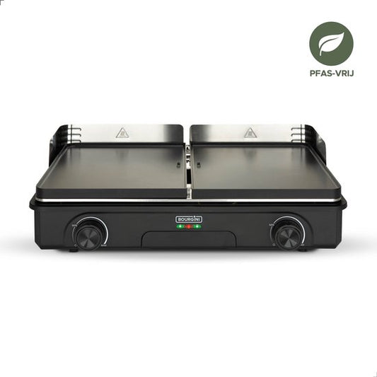 Bourgini Plancha Pure for 8 - Keramikbeschichtet (PFAS-frei) - Elektrisch - Gesundes Grillen - Backblech - Griddleplatte - Drehbare Grillplatte gerippt und flach