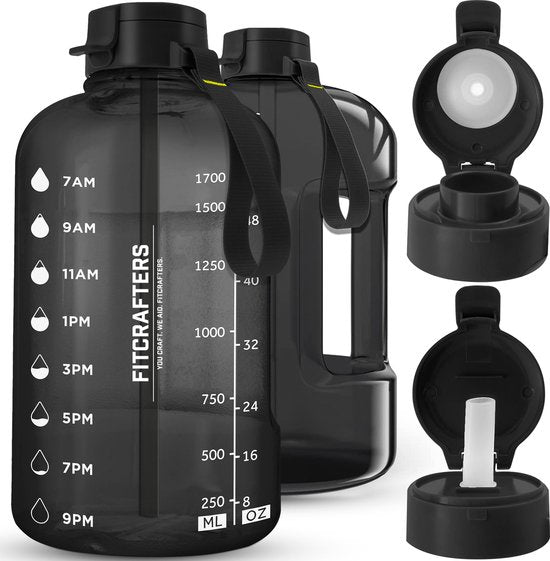 Fitcrafters Wasserflasche mit Zeitmarkierungen - Motivations-Trinkflasche - 2L - BPA frei - Schwarz