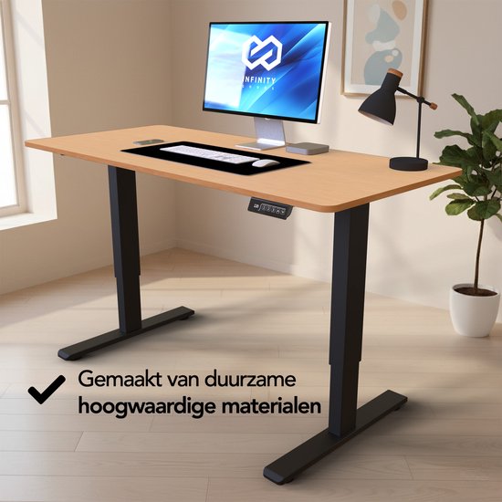 Infinity Goods Sitz-Steh-Schreibtisch, elektrisch verstellbar – 140 x 60 cm – Speicherfunktion – Holzoptik