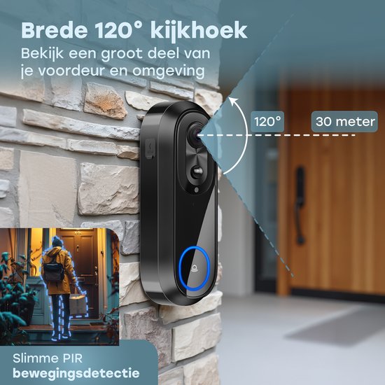 Audyn Video-Türklingel - Mit Kamera - Drahtlos - Smart - WiFi - 1080P - Kein Abonnement - Inkl. drahtloser Gong