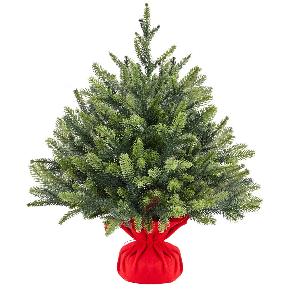 Yaheetech Künstlicher Weihnachtsbaum Mini - 61 cm - Mit 62 Zweigen und schwerem Betonsockel und dekorativer roter Stoffhülle - Für Tisch und Fensterbank - Grünes Polyethylen und Metall - 58 x 58 x 61 cm