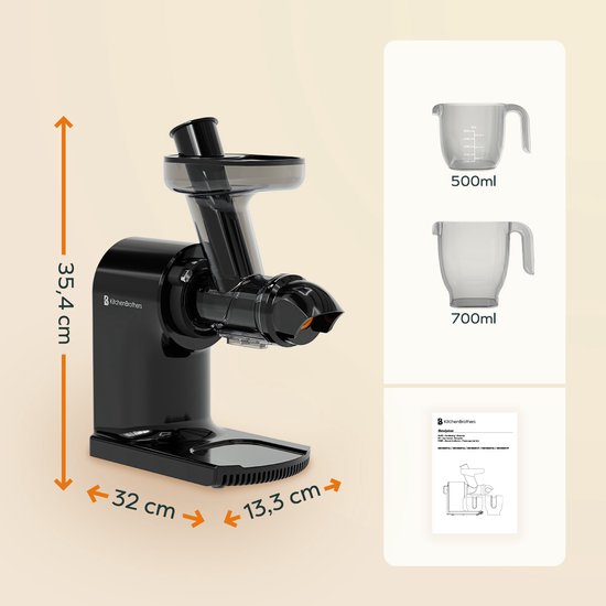 KitchenBrothers Slowjuicer - Kompakt - Entsafter - Gemüse- und Obstpresse - 45 mm - 500 ml - Schwarz