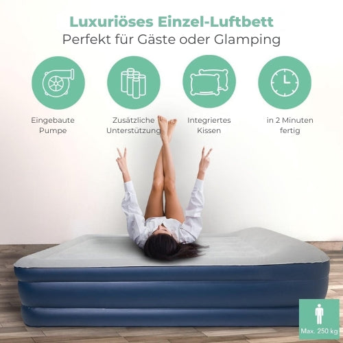 LifeGoods Luftmatratze - Für 1 Person - Mit integrierter Pumpe - Blau/Weiß