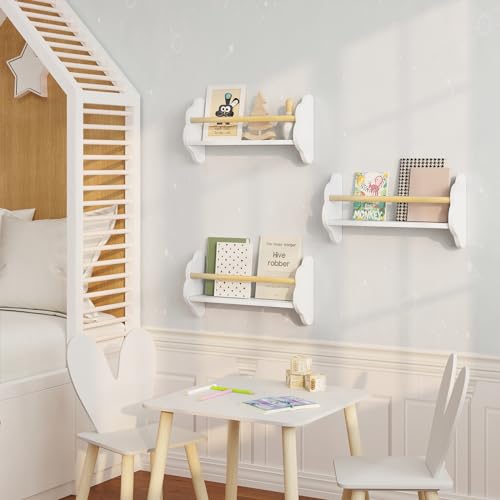 Woltu Kinderbuchregal Wolkenförmiges Wandregal - MDF und Kiefer Weiß - 3 Böden 45x12,7x23 cm