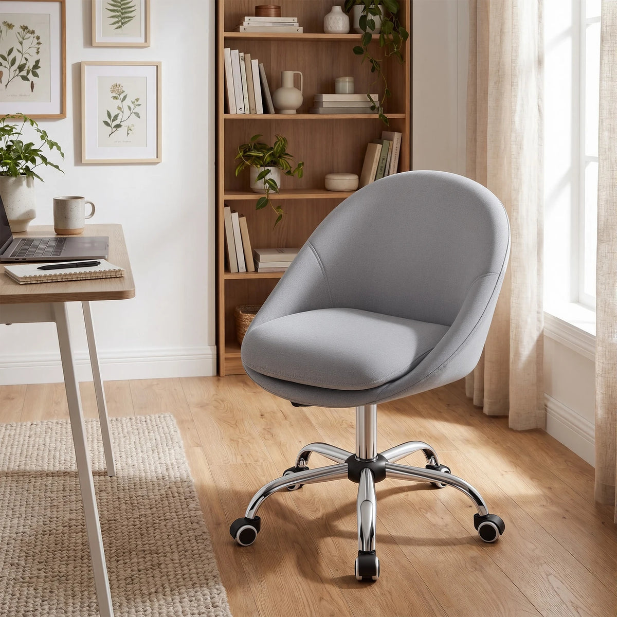 Ochama-Bürostuhl – Grau – Baumwoll-Leinen-Mischung – Höhenverstellbar – Drehbar mit Rollen – 60 x 60 x 80–90 cm
