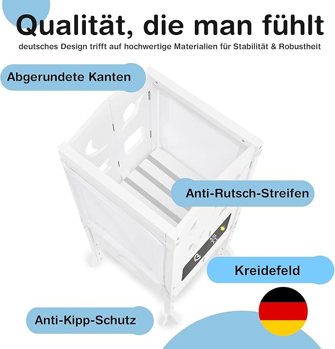 BabybeFun Lernturm ab 1 Jahr - Zusammenklappbarer Lernturm inkl. 360° Sicherheitsnetz - Extra stabiler und solider Lernturm - Lieferung vormontiert mit Kippschutz