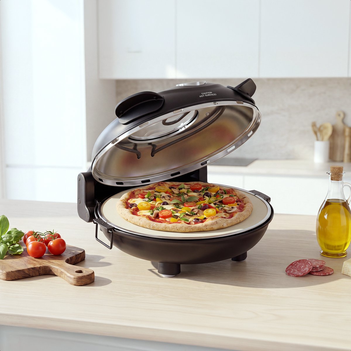 MOA Elektrischer Pizzaofen – Bis zu 400 °C – 30,5 cm Pizzastein – Einstellbare Ober- und Unterhitze – Inklusive 2 Bambus-Pizzaschaufeln – Schwarz