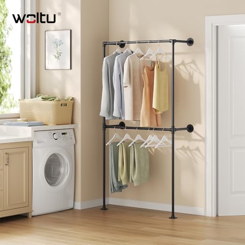 Woltu Offener Wandschrank Industrial Schwarz - Wandgarderobe mit 2 Stangen 102,5 x 187 x 36,5 cm