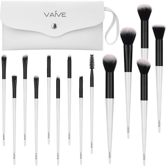 Vaive Make-up-Pinsel-Set, 15-teilig – vegane Pinsel – Pinsel für Foundation, Lidschatten, Rouge, Kabuki und Bronzer – mit Etui – Weiß